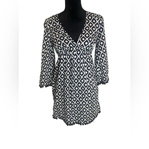 BODEN ESMERALDA POM POM GEOMETRIC NAVY AND WHITE KAFTAN/SWIM COVERUP  SIZE 2 - Picture 7 of 8